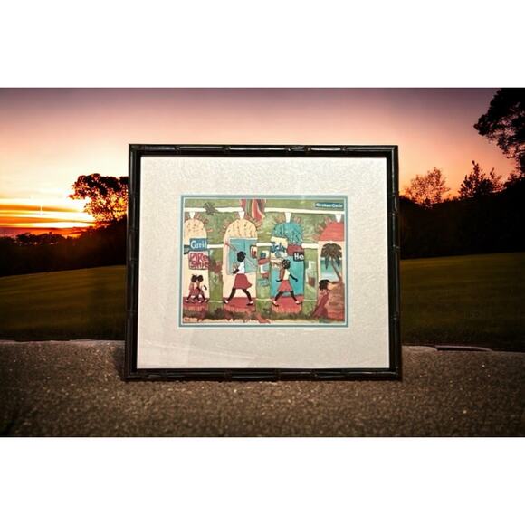 Chicken Gade Folk Art Print-Signed King-Framed 15x13-Caribbean Scene-Haitian - Picture 8 of 8